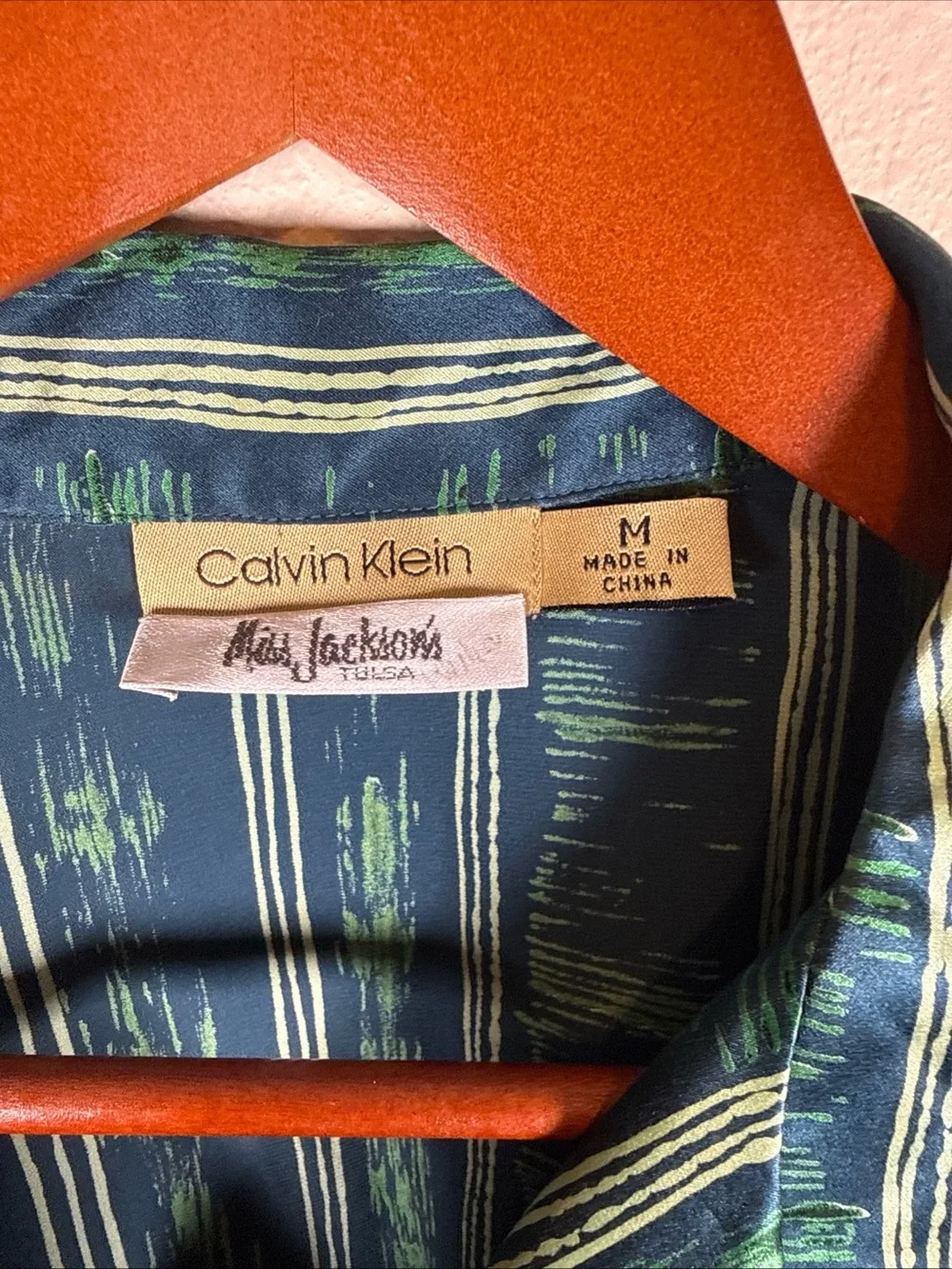 Calvin Klein Silk Button Up Blouse Green Stripes Quiet Luxury Oversized Medium